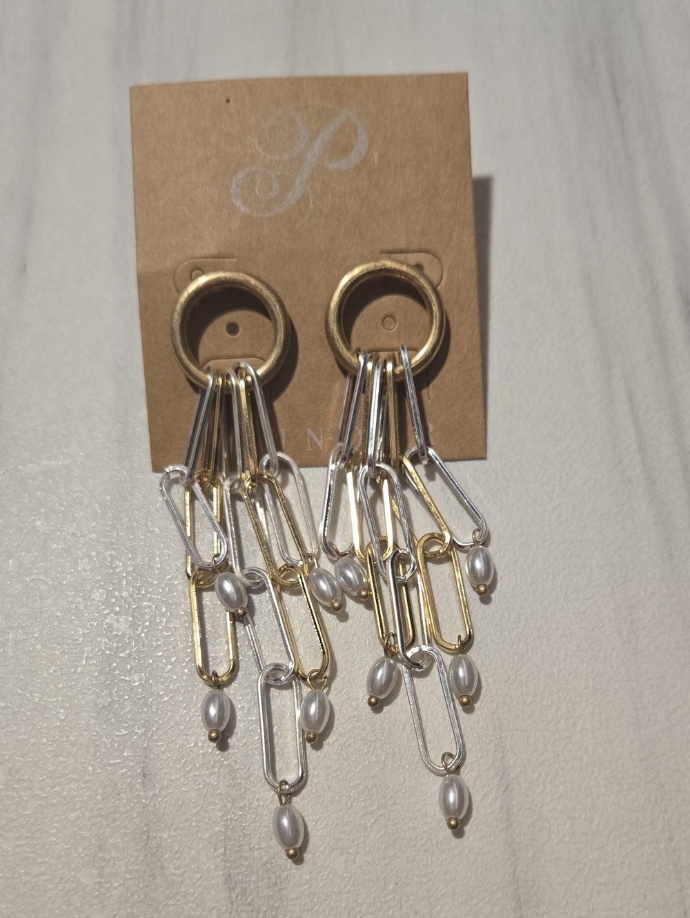 Plunder Gold & Silver Chain Link Pearl Dangle Earrings